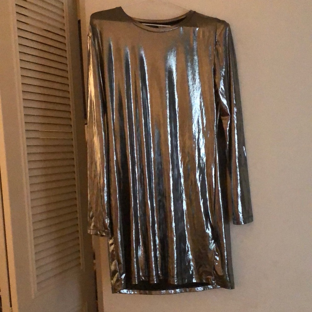 Pretty silver dress. It’s a large worn once. Just got from dry cleaning.